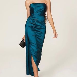 Elle Zeitoune Paulina Satin Draped Sash Strapless Maxi Dress Gown Blue Sz S